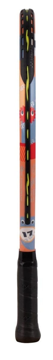 The Yonex Junior 17 Coral Orange Tennis Racket by Yonex is a vibrant beginner racket for kids, featuring playful cartoon animal faces on the shaft, a black handle grip, and yellow side strings—ideal for young tennis players.