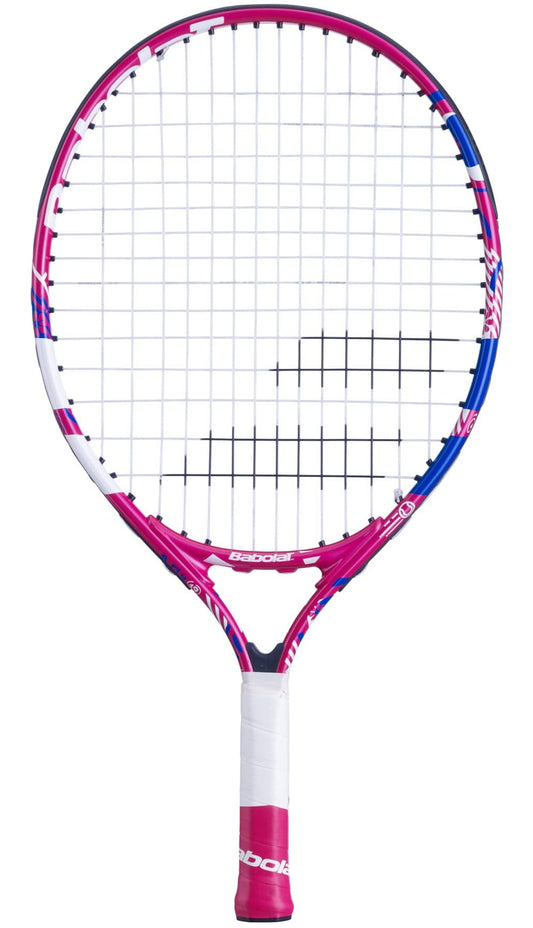 The Babolat B-Fly 19 Junior Tennis Racket is an ideal choice for beginners, featuring a stylish blue, pink, and white design complemented by a sleek white handle. The iconic Babolat logo stands out prominently on the strings and frame set against a plain white background.