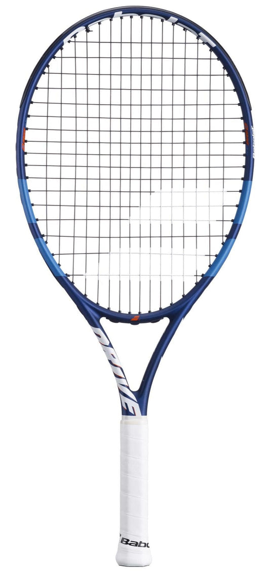 The Babolat Drive Junior 24 Tennis Racket features a sleek blue frame, white grip, and black strings—ideal for aspiring young players and shown here against a white background.