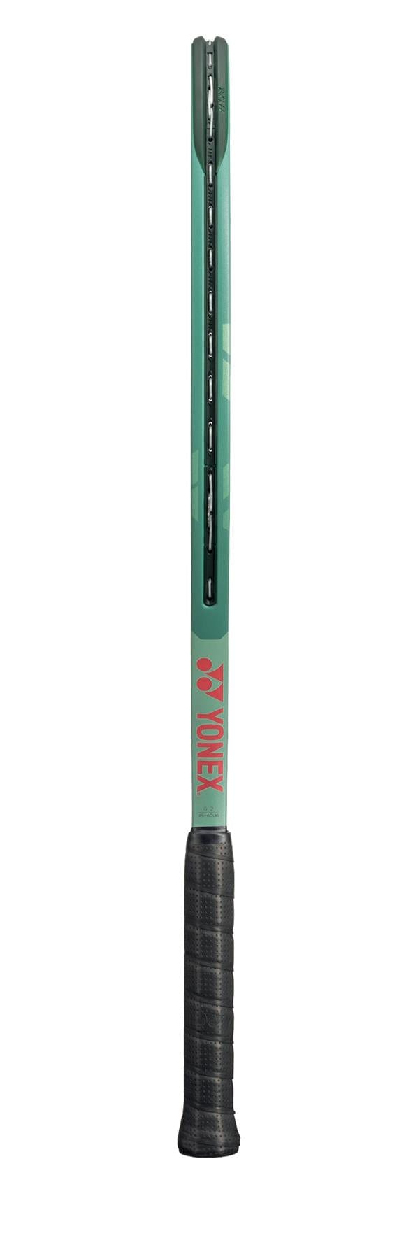 Close-up of the Yonex Percept 97H Tennis Racket (Frame Only) - Olive Green, showcasing an olive green frame with black accents, a red Yonex logo on the side, and a sophisticated black grip handle set against a white backdrop. Perfect for aggressive players who prioritize precision and power.