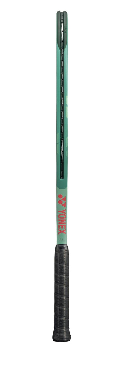 The Yonex Percept 97D Tennis Racket (Frame Only) in olive green, designed for the advanced player seeking control, stands out with its sophisticated design. The wrapped handle enhances the sleek frame, proudly displaying the Yonex logo.