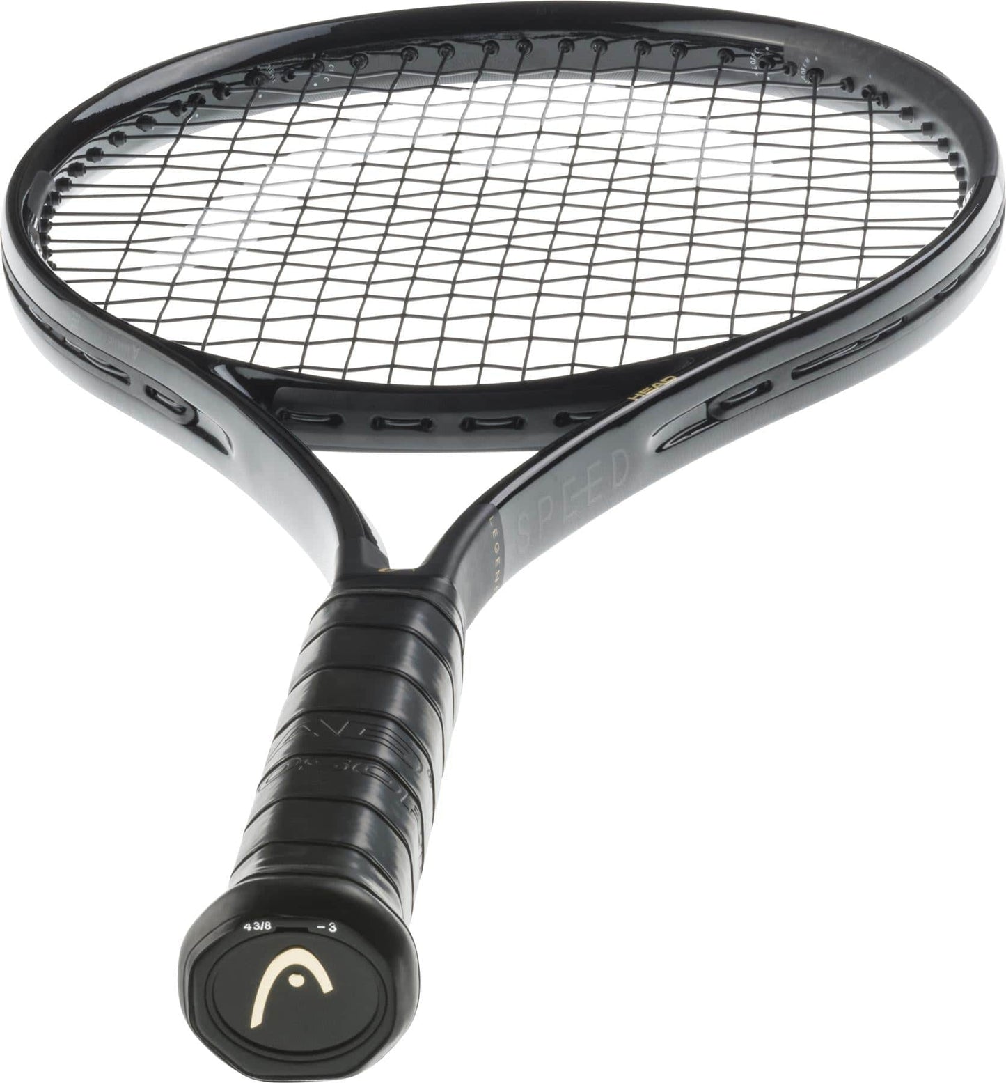 A HEAD Speed MP Legend 2025 Tennis Racket in black, featuring tightly strung strings, an oval head, and a grip-wrapped handle with logo—photographed at an angle; this HEAD racket is favored by Novak Djokovic.