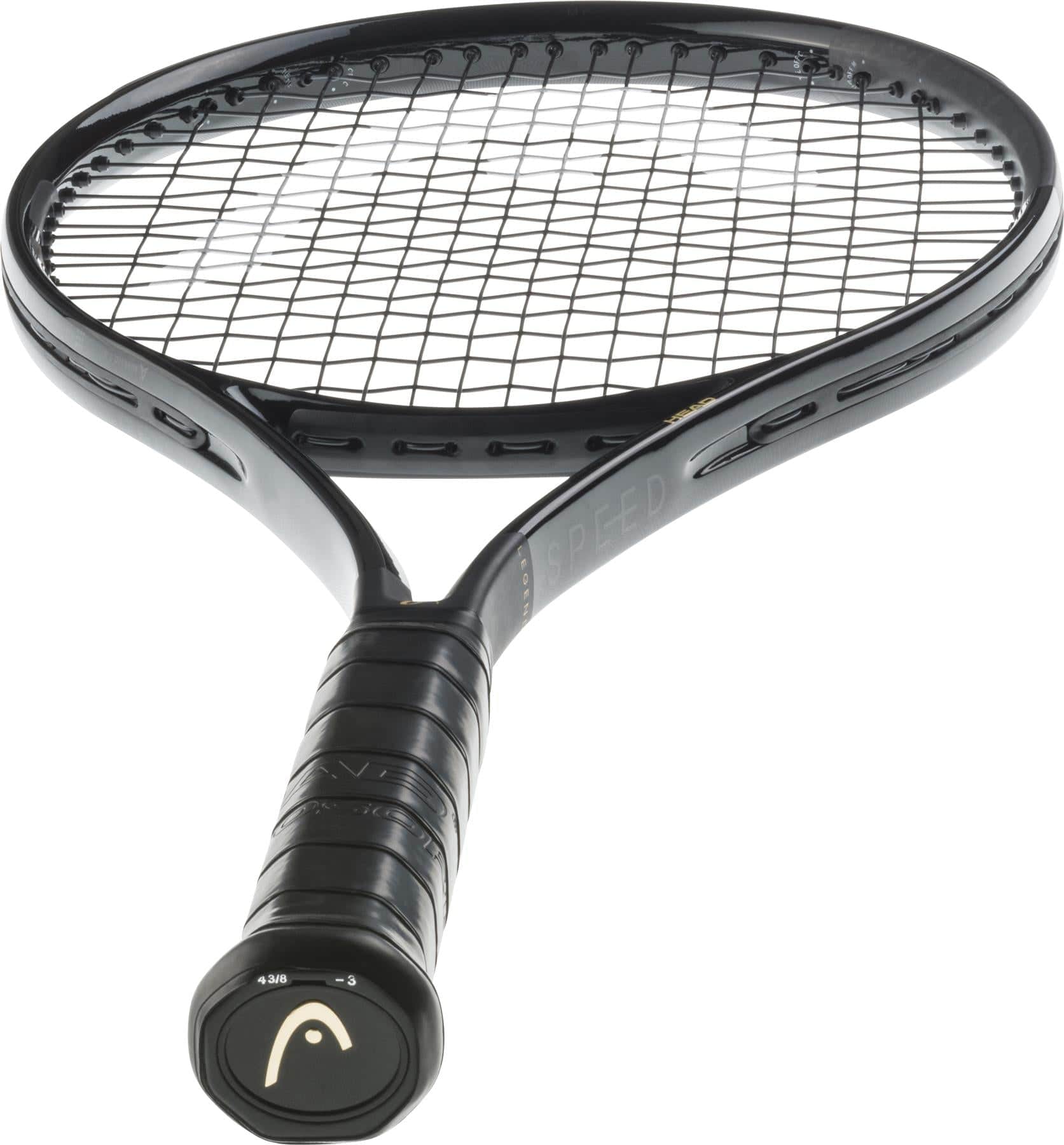 A HEAD Speed MP Legend 2025 Tennis Racket in black, featuring tightly strung strings, an oval head, and a grip-wrapped handle with logo—photographed at an angle; this HEAD racket is favored by Novak Djokovic.