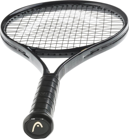 A HEAD Speed MP Legend 2025 Tennis Racket in black, featuring tightly strung strings, an oval head, and a grip-wrapped handle with logo—photographed at an angle; this HEAD racket is favored by Novak Djokovic.