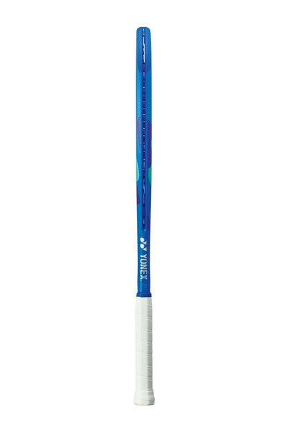 The Yonex EZONE 100L 2025 Tennis Racket - Blast Blue stands vertically against a plain white background, showcasing its blue frame and white grip. Featuring the Yonex logo, this racket includes Vibration Dampening Mesh for a smoother play.