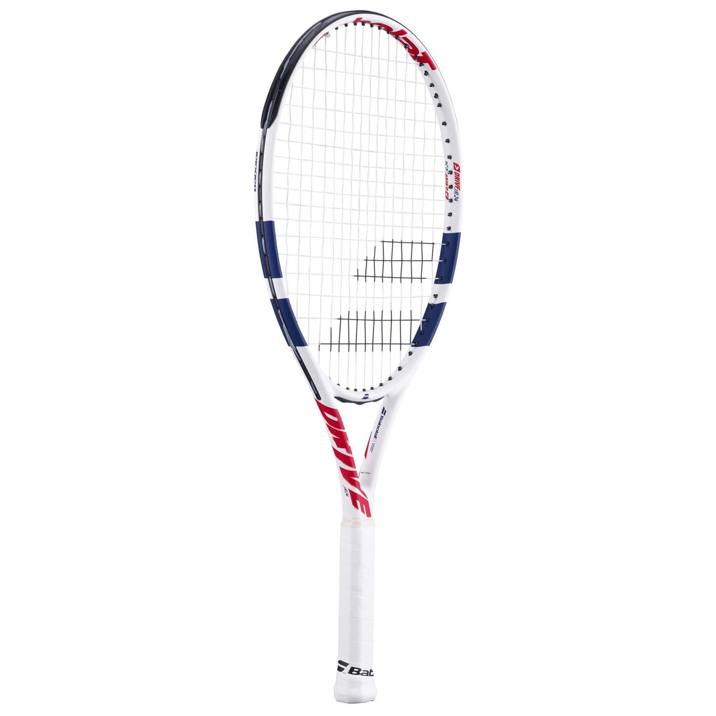 The Babolat Drive Junior 24 Tennis Racket features a white design with blue and red accents, "DRIVE" in red on the shaft, and Babolat logos on the handle and strings—ideal for young players.