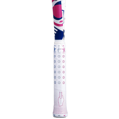 A close-up of the Babolat B-Fly 23 Junior Tennis Racket handle, perfect for beginner sports enthusiasts. The vibrant design showcases abstract pink and blue patterns, with small icon-like figures and rows of circles. The bottom of the handle outlines a tennis racket shape.