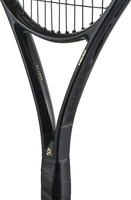 Close-up of the throat area of the HEAD Speed MP Legend 2025 Tennis Racket, featuring the "SPEED" branding and gold lettering, with part of the handle visible—just like the racquet Novak Djokovic uses.