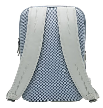 The Kanso Intuko Tennis 23L Backpack in grey is shown from the back, featuring adjustable shoulder straps, a mesh panel for ventilation, angled textured strap patterns, and a subtle reflective print on a plain white background.