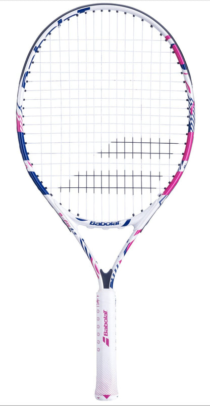 The Babolat B-Fly 23 Junior Tennis Racket showcases a blue and pink pattern on its white frame and strings, with the brand name "Babolat" prominently displayed on both the shaft and head. The racket features a white grip highlighted with pink accents, designed for beginners, and is set against a plain white background.