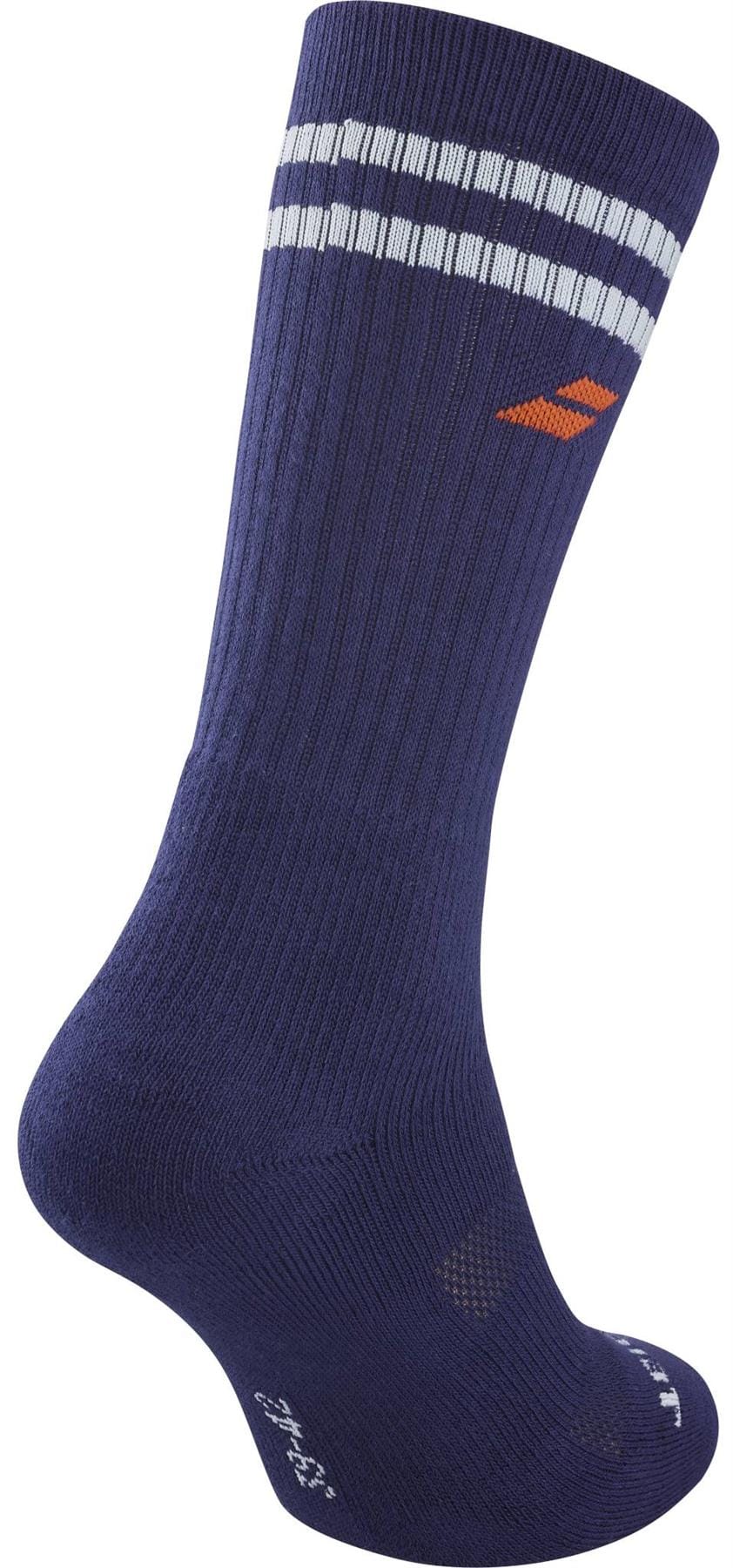 The Babolat Team Single Tennis Socks in Illusion Blue feature a ribbed texture, two white stripes at the top, and an orange side logo—ideal for comfortable training or matches.