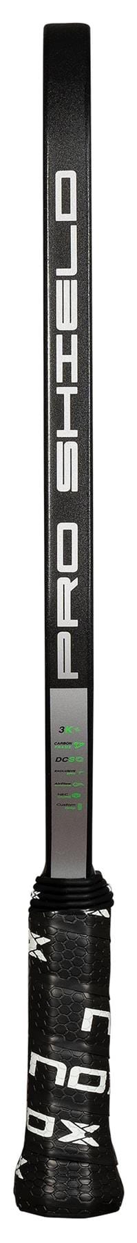 The NOX Pro Shield Pickleball Paddle by NOX features bold white geometric graphics on a black face, a black handle with white accents, and is crafted from premium carbon fiber for durability and improved spin.