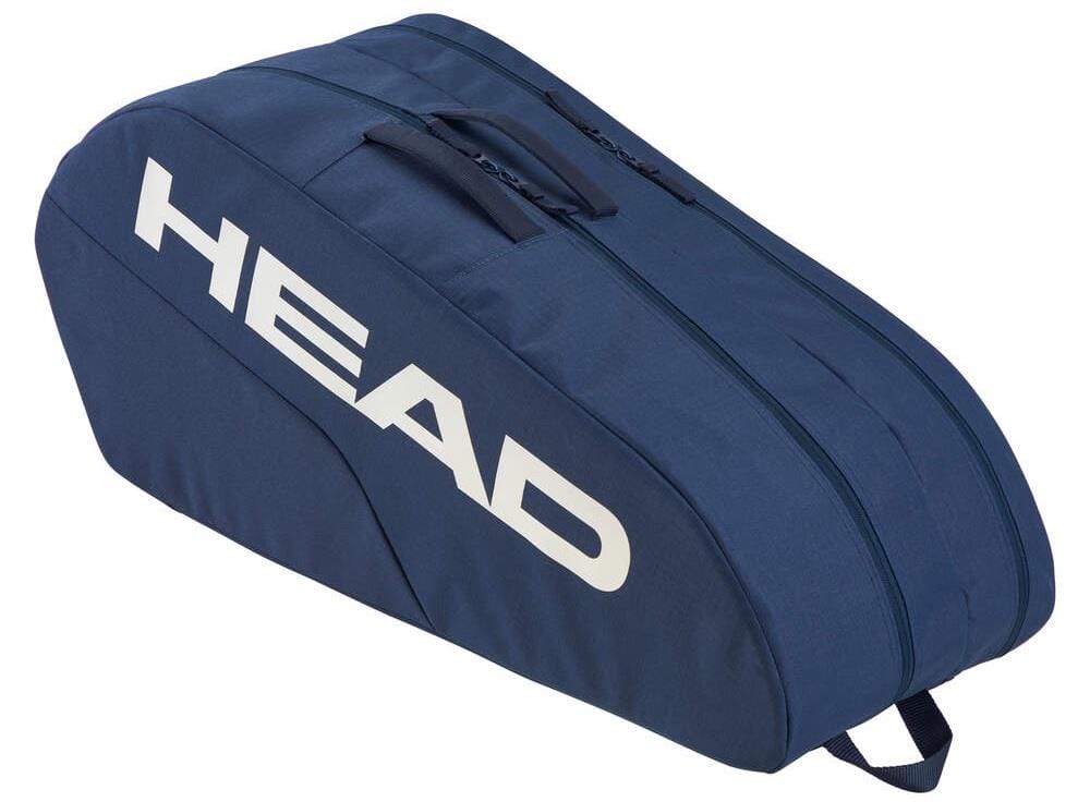 The HEAD BASE 6 Racket Tennis Bag M - NV is a navy blue bag featuring the "HEAD" logo in bold white along the side, part of the HEAD series, and includes two zippers and a top carrying handle.