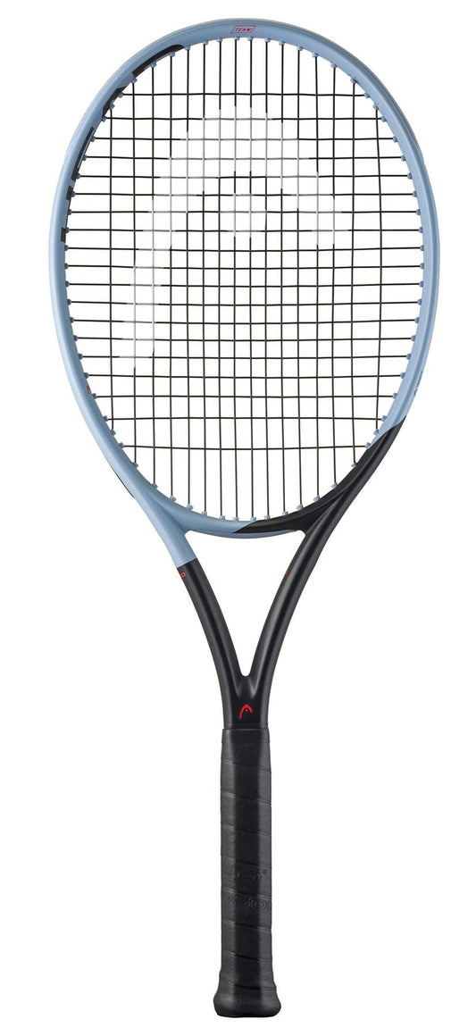 The HEAD Instinct Team 2025 Tennis Racket by HEAD features a lightweight, light blue frame with black strings and grip, shown upright against a white background—perfect for players seeking comfort and power on the court.