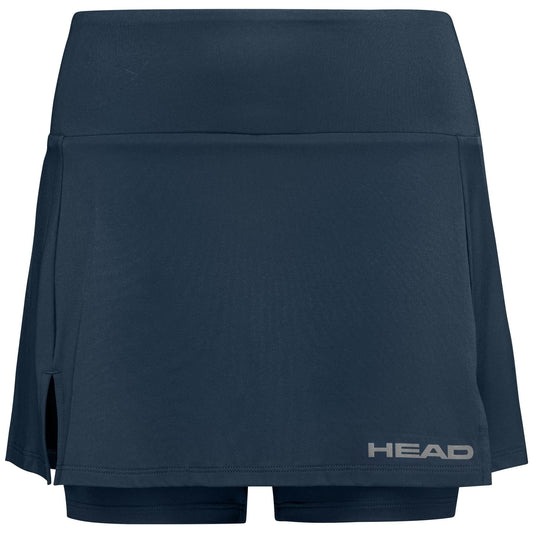 The HEAD Women's Club Basic Tennis Skort in Navy features a flat waistband and side slit, crafted from moisture transfer microfiber for comfort. The skort is detailed with the gray "HEAD" logo on the lower right side.