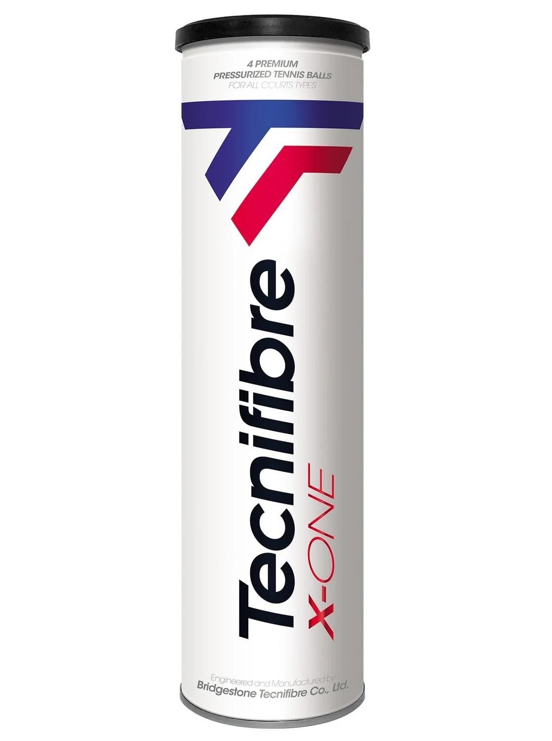 A tube of Tecnifibre X-ONE Tennis Balls features a white background with a red, blue, and white design. Approved for ATP tournaments, it highlights the XD-Core technology and contains four premium pressurized tennis balls.