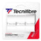 The Tecnifibre Contact Pro Tennis Overgrip - 3 Pack - White offers three high-performance grips featuring a "wax resin" coating and a thickness of "0.6mm." These overgrips provide an enhanced tacky effect for outstanding stability, and the package is marked with a red label that reads "tacky overgrip," highlighting their strong grip and durability.