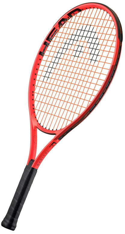 The HEAD Radical Junior 23 2025 Tennis Racket features a red and black design with black strings and grip, shown on a white background—perfect for young players seeking a quality junior racket.