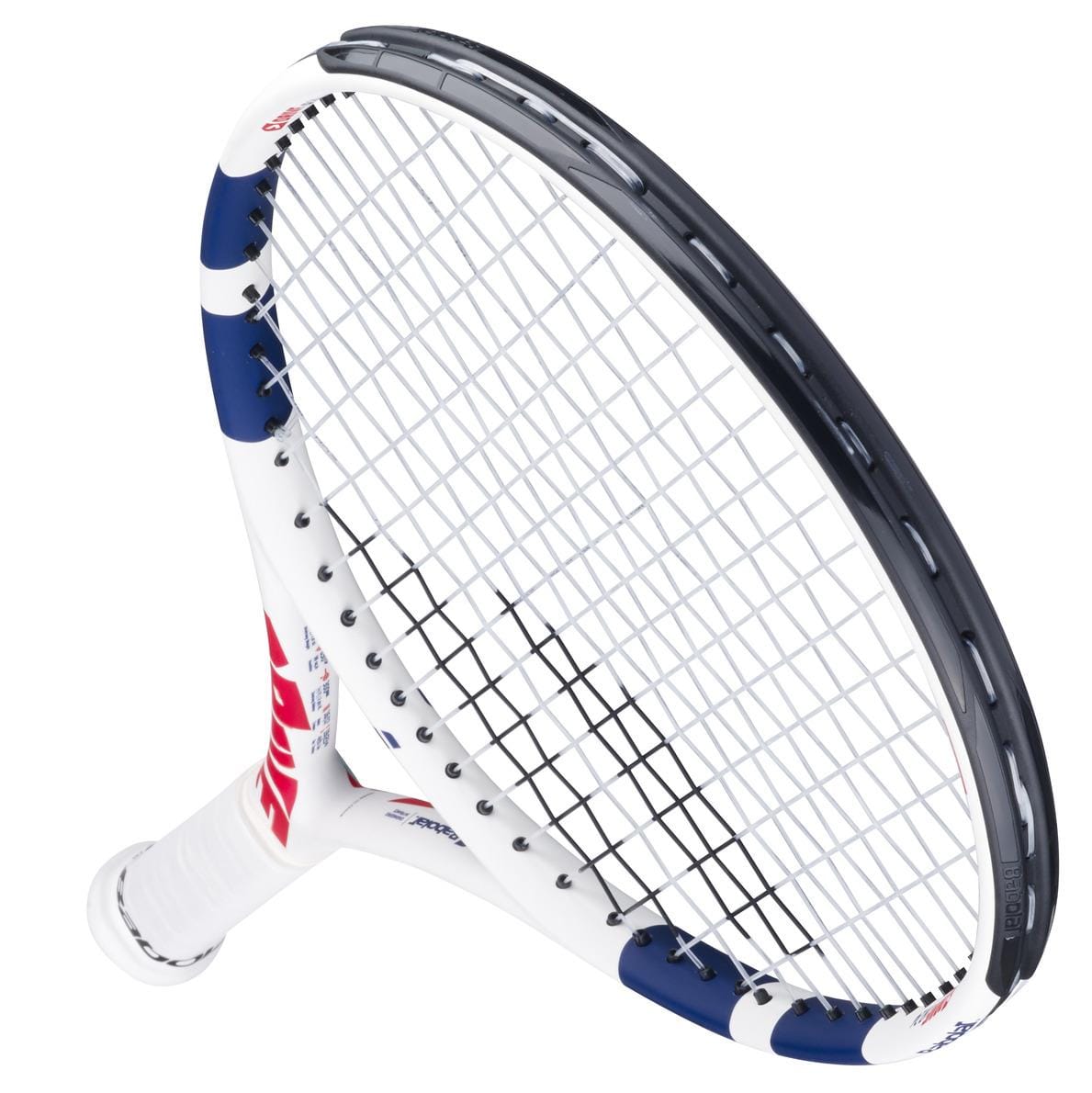 A close-up of the Babolat Drive Junior 24 Tennis Racket by Babolat, featuring blue and red accents on its rounded frame and strings against a white background—an ideal tennis racket for kids.