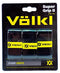 The Volkl Super Grip II Tennis Overgrip - 3 Pack in Black features three tennis overgrips highlighted with yellow branding. The predominantly black packaging with yellow text and accents emphasizes the ultra-thin, tacky feel of the overgrips, designed for superior performance on the court.