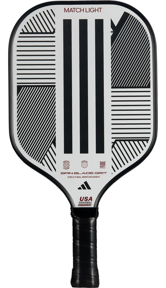 The adidas Match Light 3.3 Pickleball Paddle features a black and white geometric striped design, "MATCH LIGHT" label, fiberglass surface, black grip tape handle, and is USA Pickleball Approved.