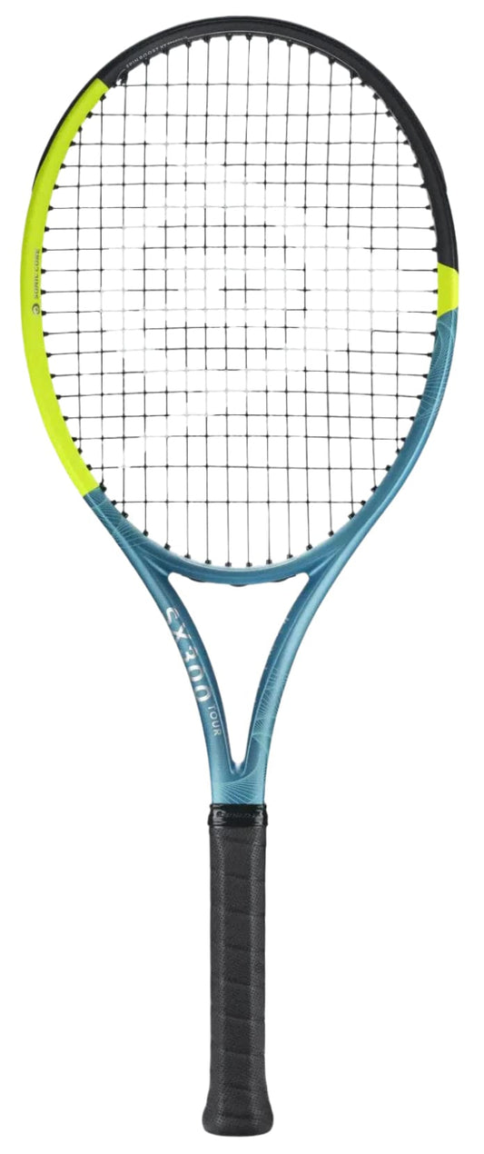 The Dunlop SX 300 Tour 2025 Tennis Racket features a black grip, teal blue frame, and yellow accent on the upper left head, delivering exceptional power and spin against a white background.