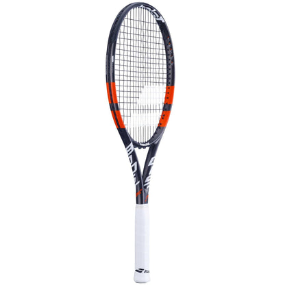 The Babolat Boost Strike 2024 Tennis Racket, offered in a sleek grey frame with red detailing, sports a grip designed for maximum power and features strings that form an intricate grid pattern to ensure precise control.