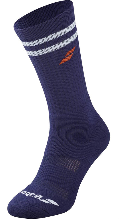 The Babolat Team Single Tennis Sock in Illusion Blue features two white stripes near the top, an orange side logo, plus the Babolat name and logo on the toe—delivering breathable comfort and style for active tennis players.