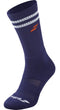 The Babolat Team Single Tennis Sock in Illusion Blue features two white stripes near the top, an orange side logo, plus the Babolat name and logo on the toe—delivering breathable comfort and style for active tennis players.