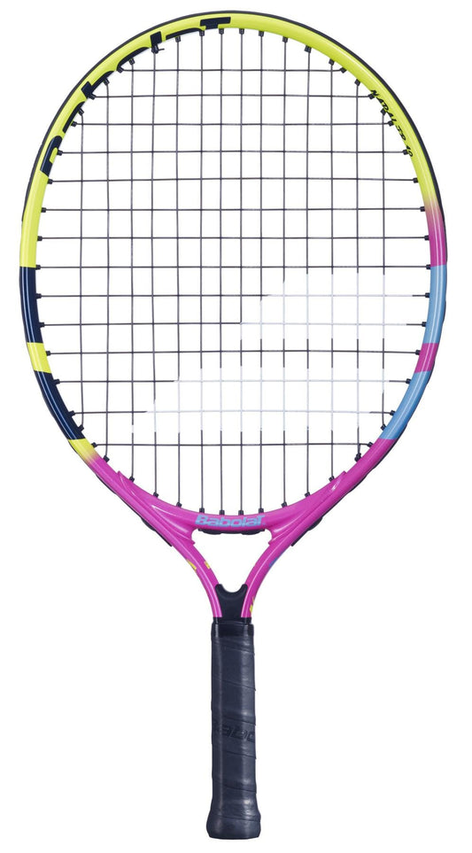 Introducing the Babolat Nadal Junior 19 Tennis Racket, a vibrant children's racket with a black grip handle and a frame that features a gradient of yellow, blue, and pink. This lightweight racket comes with white strings and displays the Babolat brand name subtly on its upper section.