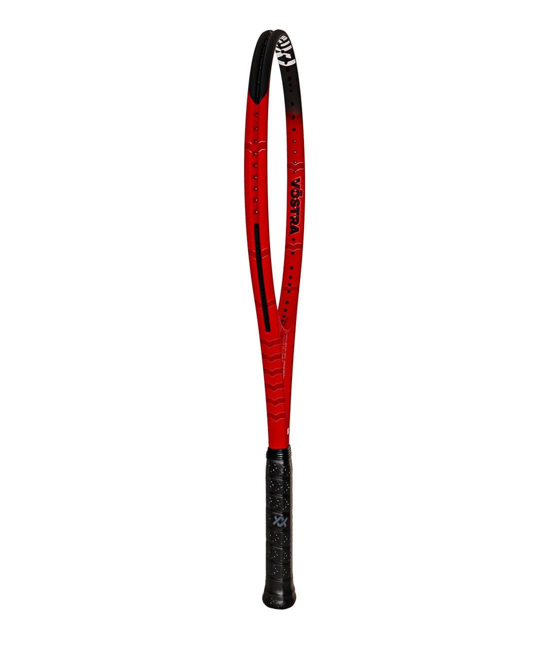 Volkl's Vostra V8 285g Tennis Racket in red boasts a sleek, aerodynamic design with black accents and a black grip. The side is adorned with the Vostra logo, and its design incorporates the Catapult Effect for improved power.
