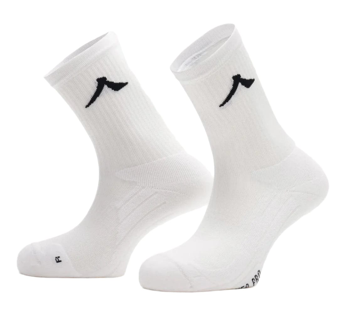 The Kanso Neo Pro Performance Crew Tennis Socks in white feature a black logo near the top and are displayed standing. With ribbed cuffs, reinforced heel and toe, added cushioning for comfort, and optimal ventilation, these socks are set against a plain white background.