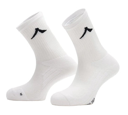 The Kanso Neo Pro Performance Crew Tennis Socks in white feature a black logo near the top and are displayed standing. With ribbed cuffs, reinforced heel and toe, added cushioning for comfort, and optimal ventilation, these socks are set against a plain white background.