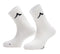 The Kanso Neo Pro Performance Crew Tennis Socks in white feature a black logo near the top and are displayed standing. With ribbed cuffs, reinforced heel and toe, added cushioning for comfort, and optimal ventilation, these socks are set against a plain white background.