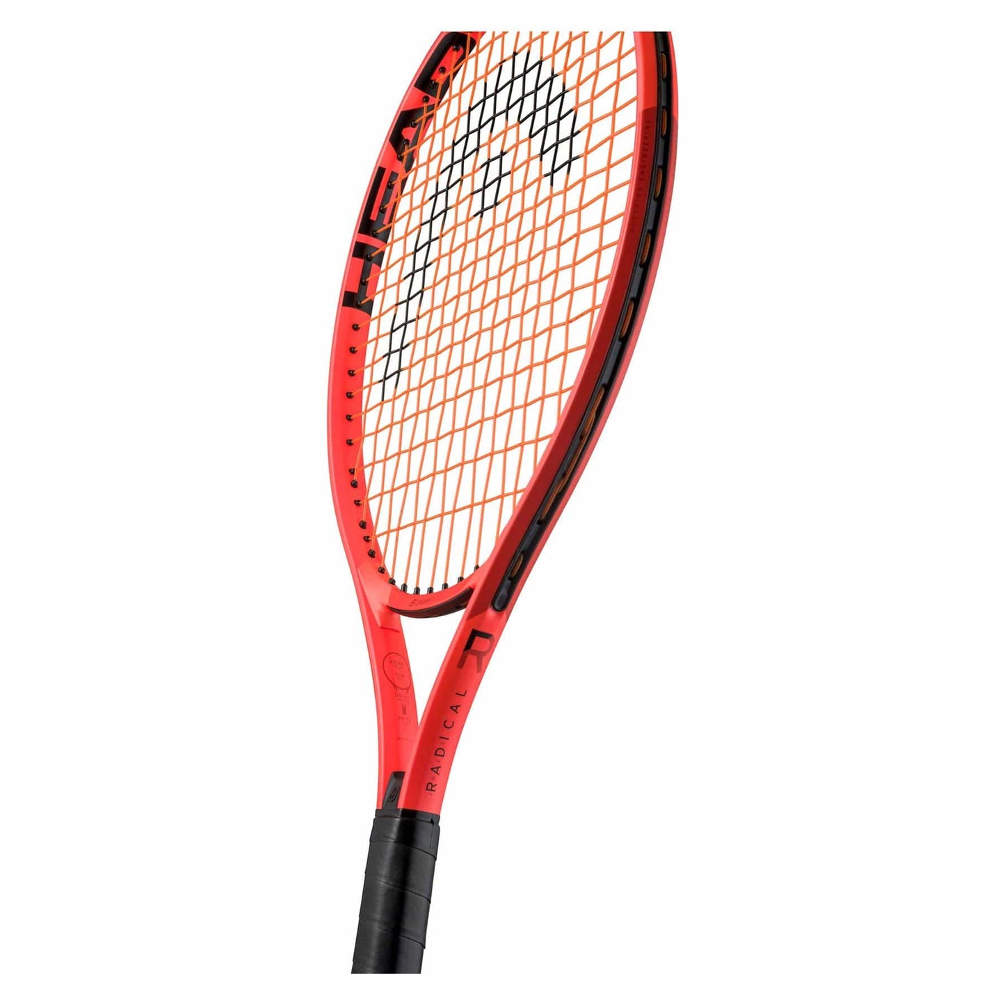 A close-up of the HEAD Radical Junior 23 2025 Tennis Racket in orange with black accents, highlighting its strings, frame, and partial handle on a white background—ideal as a kids' tennis racket from HEAD.