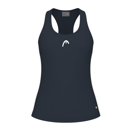The HEAD Spirit Women's Tennis Tank Top in navy is a sleeveless athletic garment with a racerback design, incorporating MXM technology for enhanced performance. It also features a small white logo on the upper chest area.