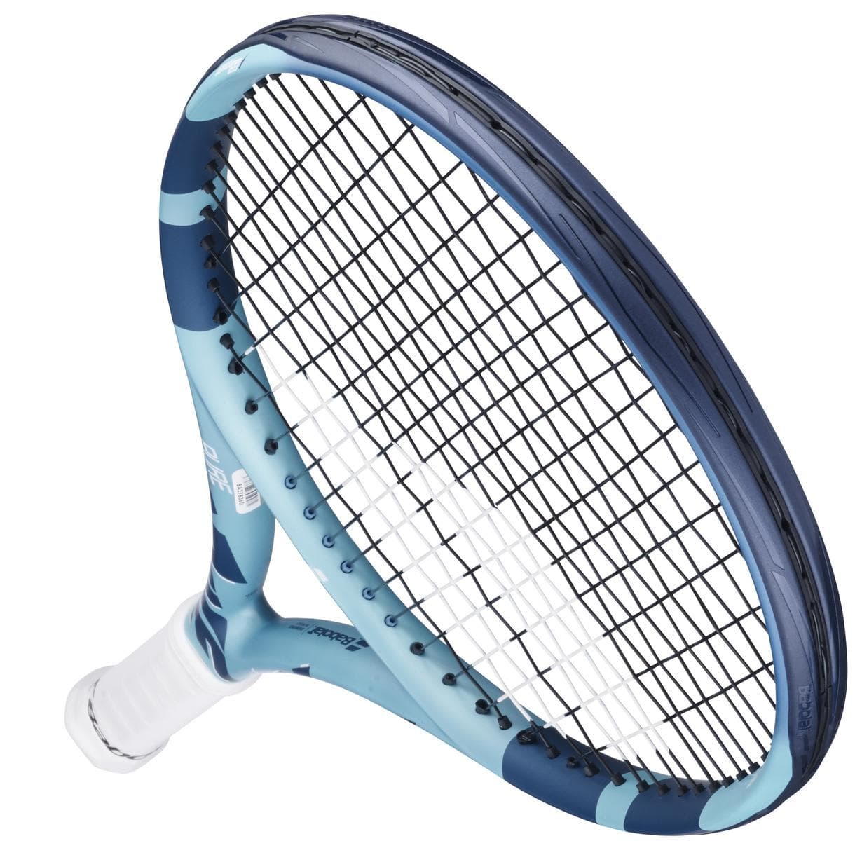 The Babolat Pure Drive Junior 26 Gen 11 Tennis Racket, by Babolat, features a blue and black design with white grip tape, ideal for advanced young players and displayed at an angle against a white background.