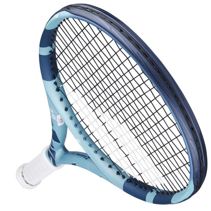 The Babolat Pure Drive Junior 26 Gen 11 Tennis Racket, by Babolat, features a blue and black design with white grip tape, ideal for advanced young players and displayed at an angle against a white background.