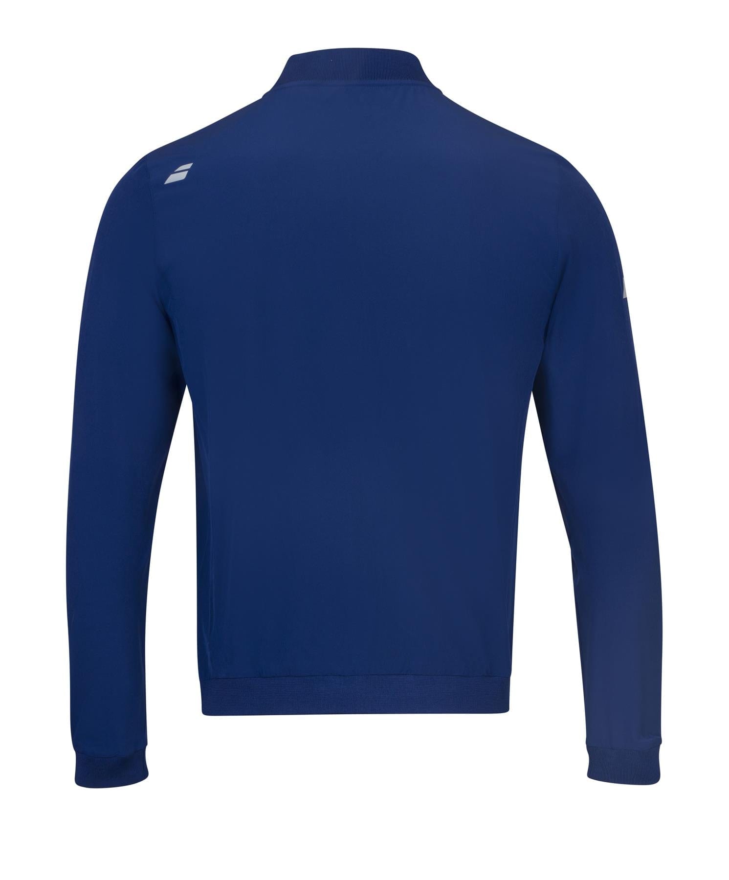 Here's a rewritten version of the sentence using the provided product data:

The back view of the Babolat Play Men's Tennis Jacket in estate blue showcases a clean design with long sleeves. It features a discreet white logo on the upper back and ends at the waist, making it ideal for chilly winter evenings. Made from four-way stretch fabric, this jacket offers superior comfort and mobility.