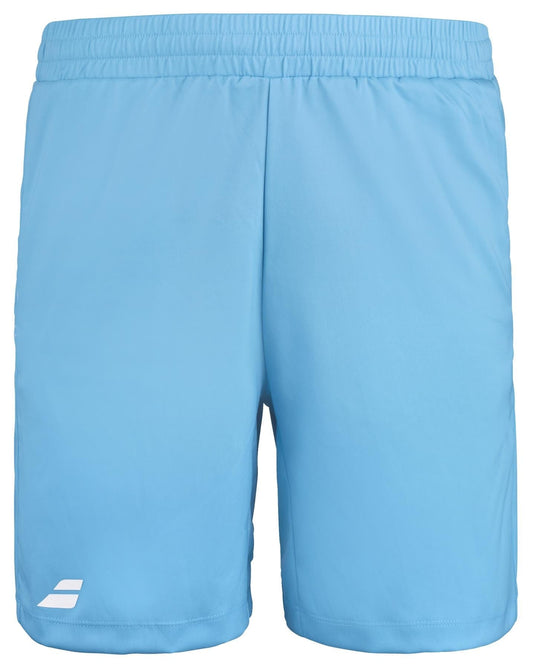 The Babolat Play Men’s Tennis Shorts in cyan blue are crafted from recycled polyester fabric and come with an elastic waistband and a discreet white logo on the lower left side. They are designed for effortless movement, featuring 360 Motion technology.
