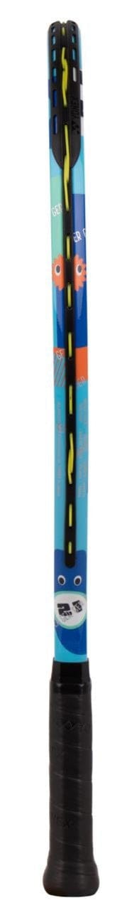 The Yonex Junior 21 Ocean Blue Tennis Racket by Yonex features a black grip, blue frame, and cartoon animal faces near the head, shown upright in a side view.