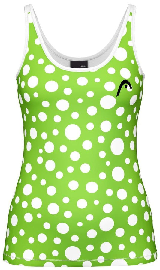 The HEAD Spirit II Women's Tennis Tank Top - IGXR by HEAD is sleeveless, fitted, and features a green base with various-sized white circles. A small black logo adorns the upper left side, and it's designed with moisture transfer microfiber for improved cooling technology.