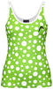 The HEAD Spirit II Women's Tennis Tank Top - IGXR by HEAD is sleeveless, fitted, and features a green base with various-sized white circles. A small black logo adorns the upper left side, and it's designed with moisture transfer microfiber for improved cooling technology.