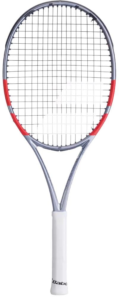 The Babolat Pure Strike Junior 26 Gen4 Tennis Racket by Babolat features a grey frame with red accents and a white grip, displayed against a plain white background—ideal control for junior players.