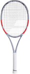 The Babolat Pure Strike Junior 26 Gen4 Tennis Racket by Babolat features a grey frame with red accents and a white grip, displayed against a plain white background—ideal control for junior players.