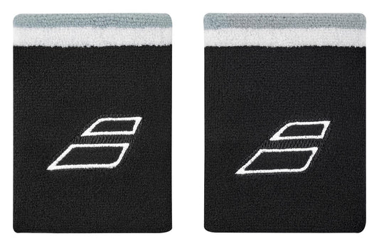 The Babolat Terry Jumbo Wristband in black and white showcases a white logo with diagonal shapes on two terrycloth wristbands. These absorbent accessories are enhanced with a light gray and white stripe at the top edge for added style.