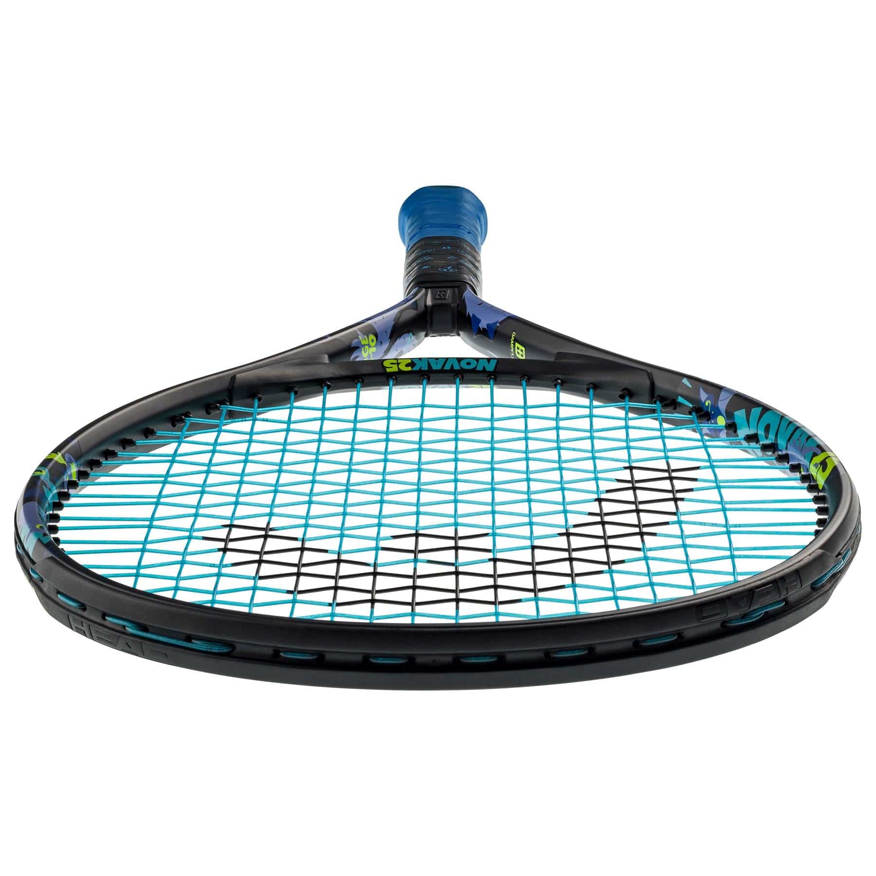Close-up of the HEAD Novak 25 Junior Tennis Racket in black with blue strings. The grip is wrapped in blue tape, highlighted by blue and green accents. It includes a damp+ insert for smooth play. The logo is visible on the strings, and the racket, inspired by Novak Djokovic's style, is positioned horizontally.