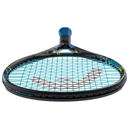 Close-up of the HEAD Novak 25 Junior Tennis Racket in black with blue strings. The grip is wrapped in blue tape, highlighted by blue and green accents. It includes a damp+ insert for smooth play. The logo is visible on the strings, and the racket, inspired by Novak Djokovic's style, is positioned horizontally.