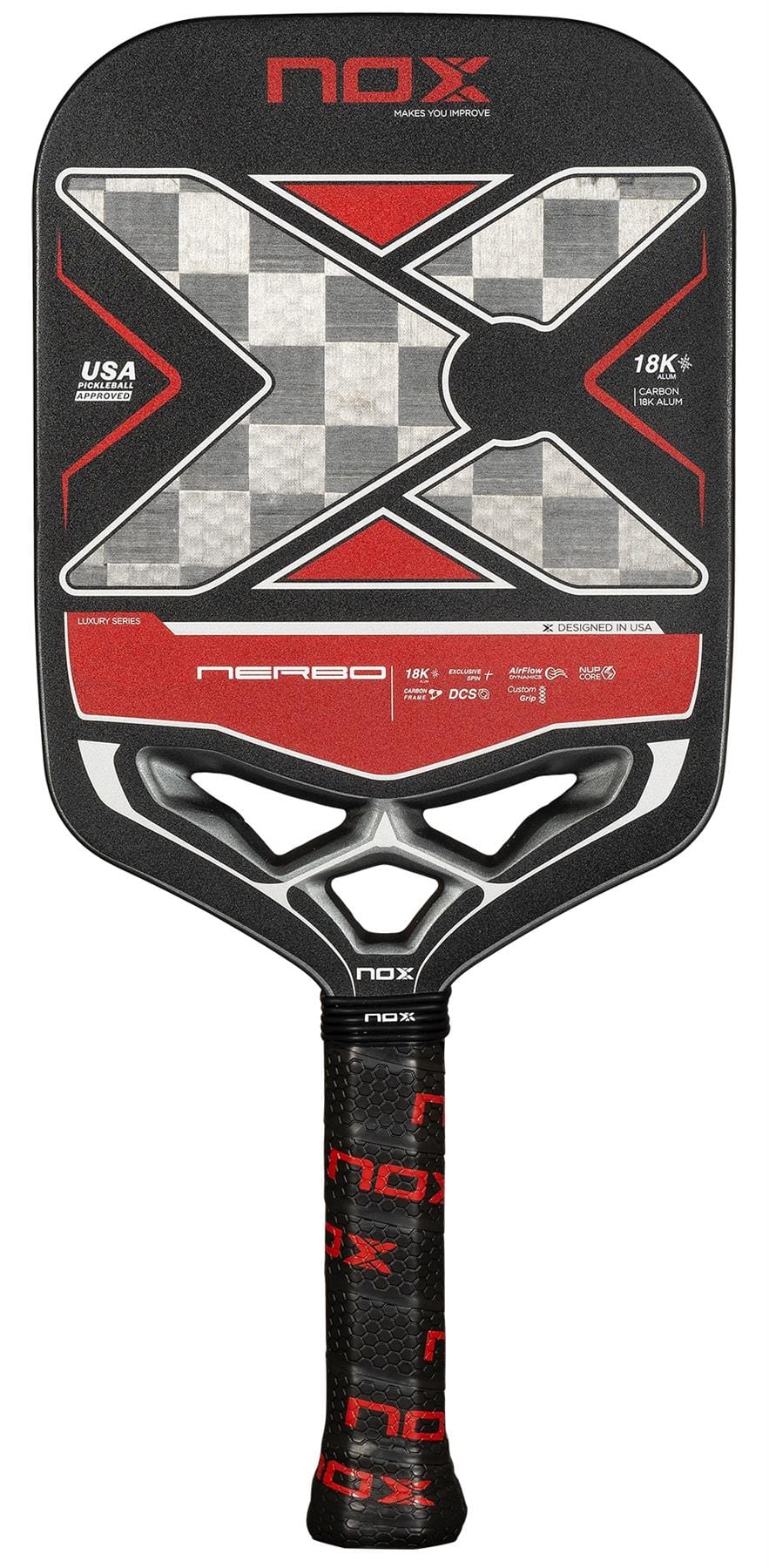 The NOX Luxury Nerbo Pickleball Paddle features a carbon fibre build with a black, red, and gray design, a large X pattern, checkered texture, and a handle wrapped in black grip tape with red "NOX" logos.