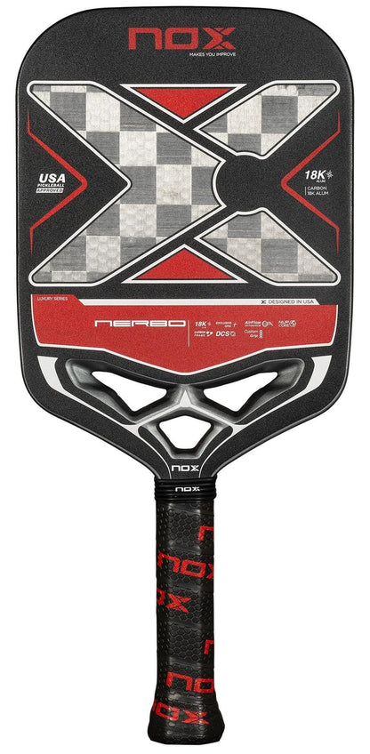 The NOX Luxury Nerbo Pickleball Paddle features a carbon fibre build with a black, red, and gray design, a large X pattern, checkered texture, and a handle wrapped in black grip tape with red "NOX" logos.